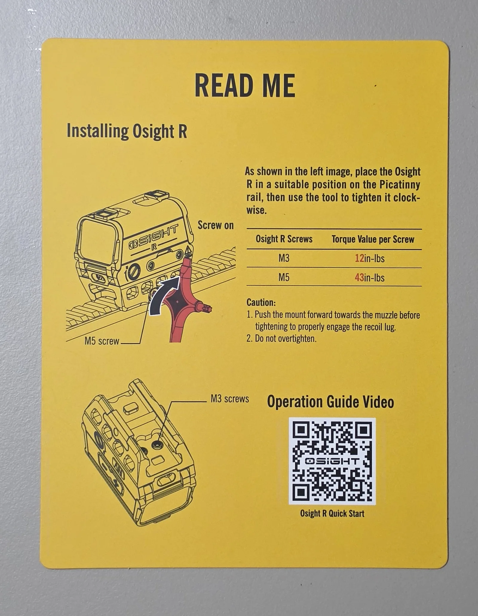Osight R installation instruction card listing 12 inch-pound torque for M3 screws and 43 inch-pounds for the M5 screw