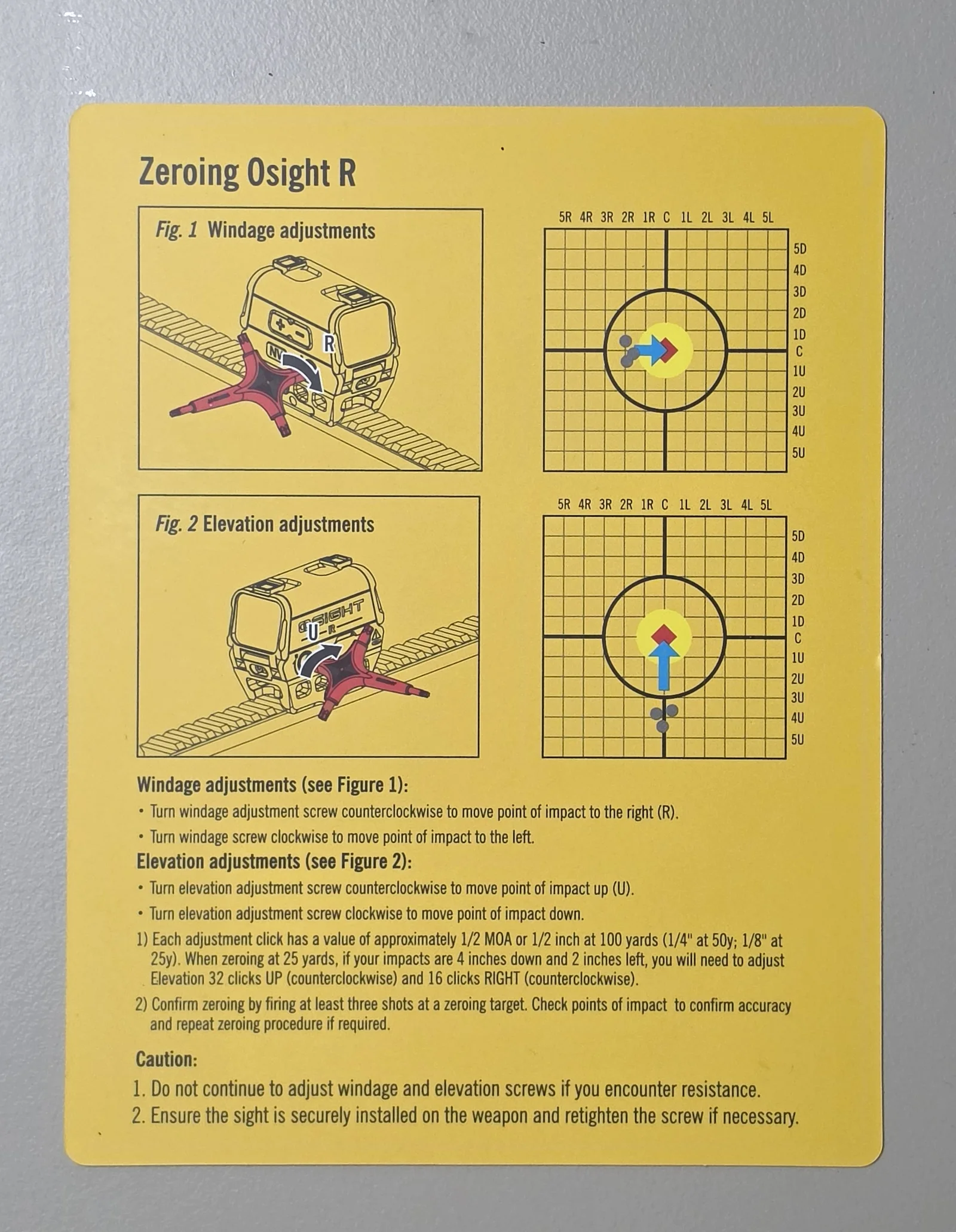 Osight R zeroing instruction card showing windage and elevation screw directions with target diagrams