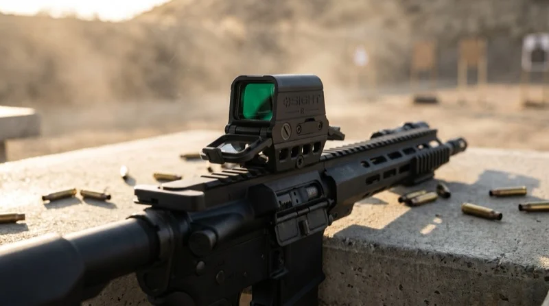 Osight-R enclosed red dot mounted on an AR-15 upper at an outdoor shooting range