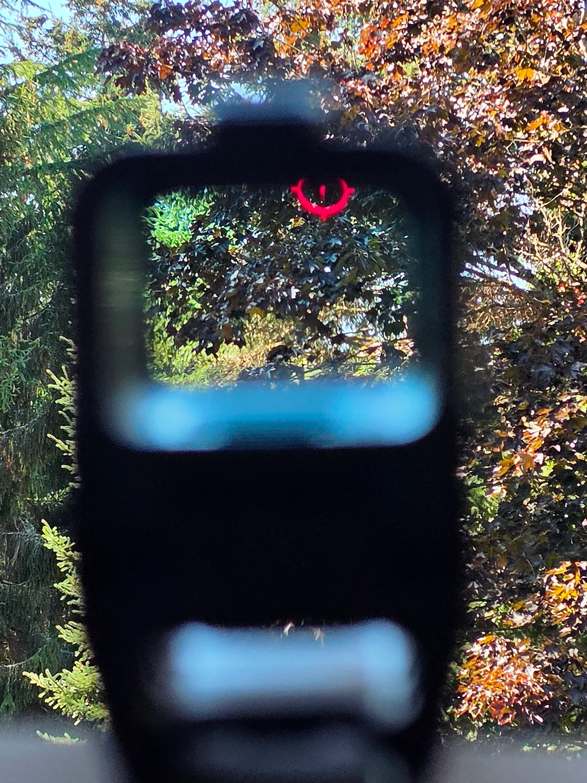 View through the Osight R with the red circle reticle pushed to the top edge of the window, where the ring flattens and loses its round shape