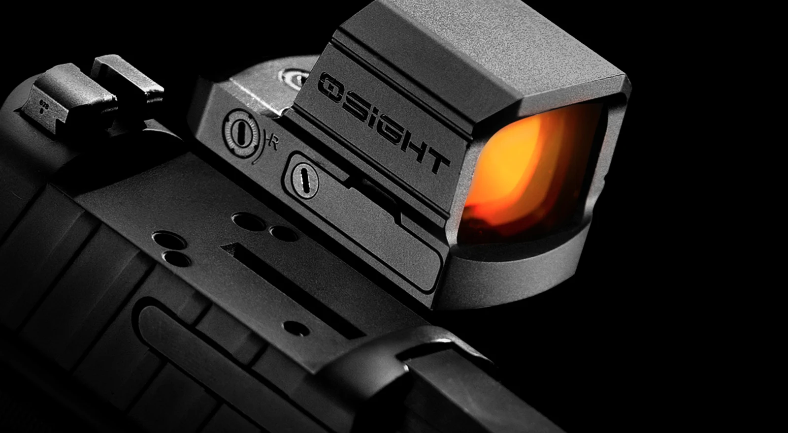 Osight SE DPP mounted to a DeltaPoint Pro cut slide, showing the enclosed housing, the windage screw, and the side battery tray