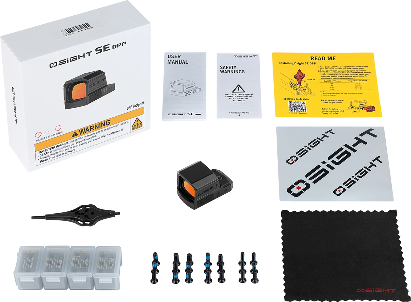 Osight SE DPP box contents laid out: optic, retail box, user manual, safety warnings, torque card, four screw sets, mounting tool, stickers, and lens cloth