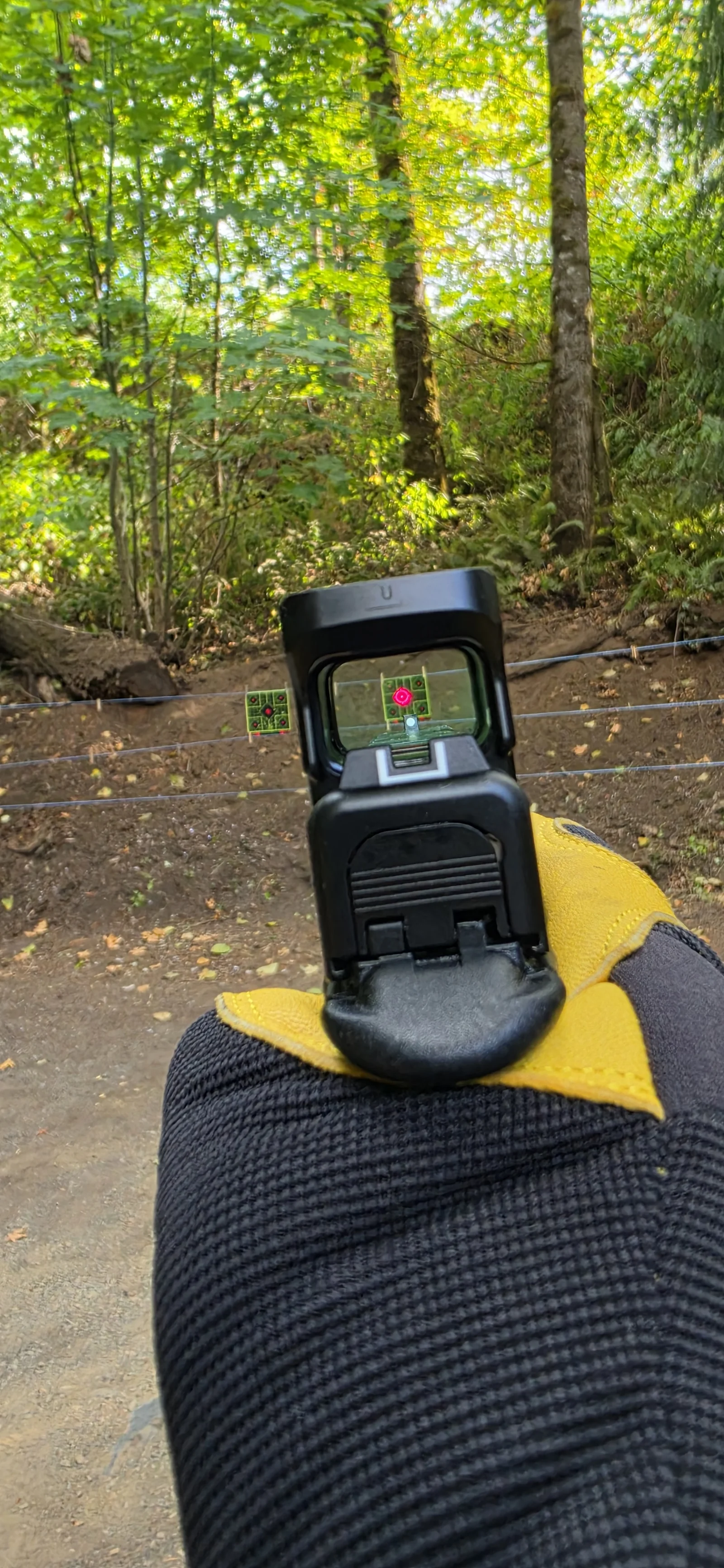 View through the Osight SE MOS showing its red circle-dot on an outdoor target