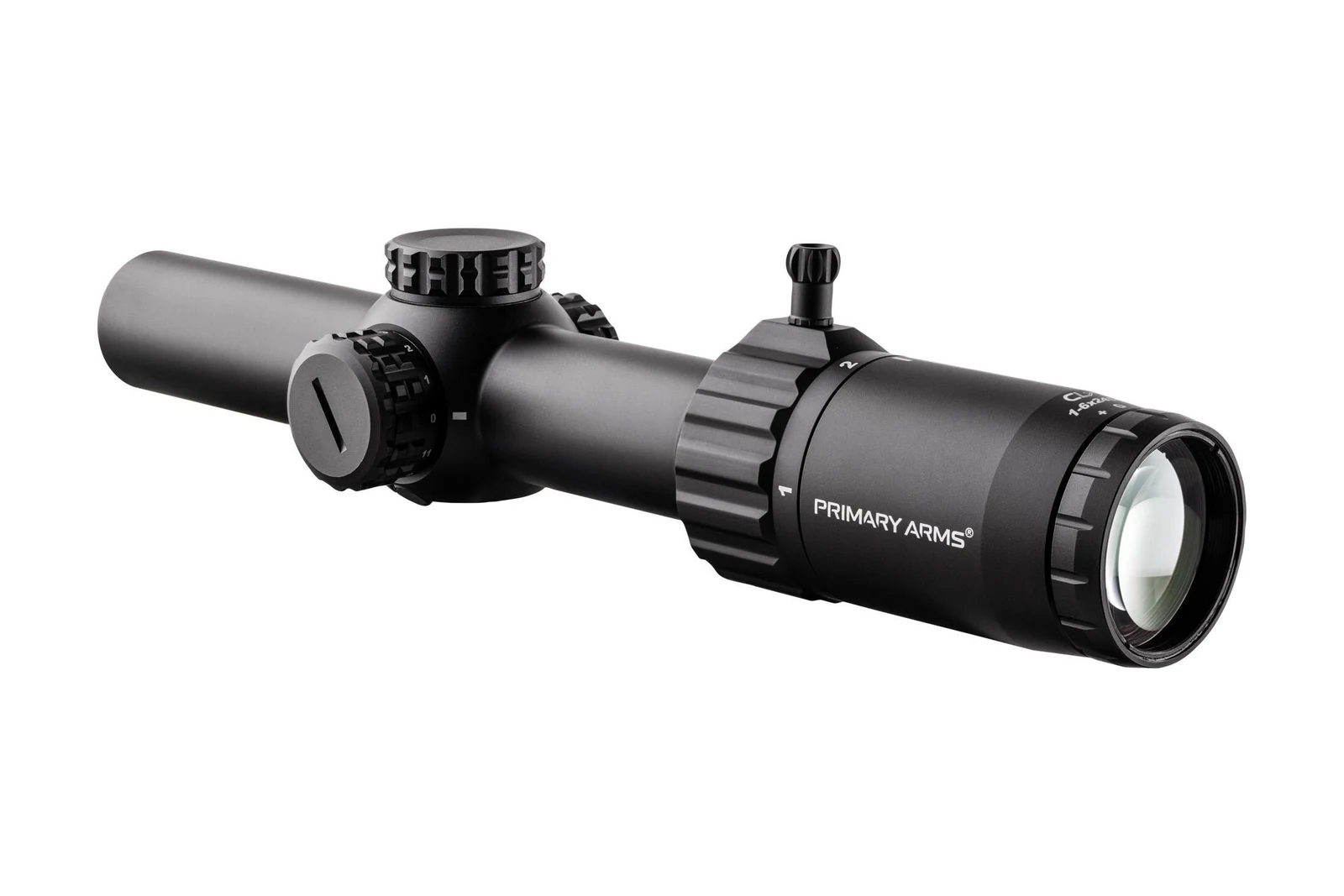Rear three-quarter view of the Primary Arms CLx 1-6x24 showing the left-side illumination turret, capped windage, and CLx 1-6x24S marking on the eyepiece