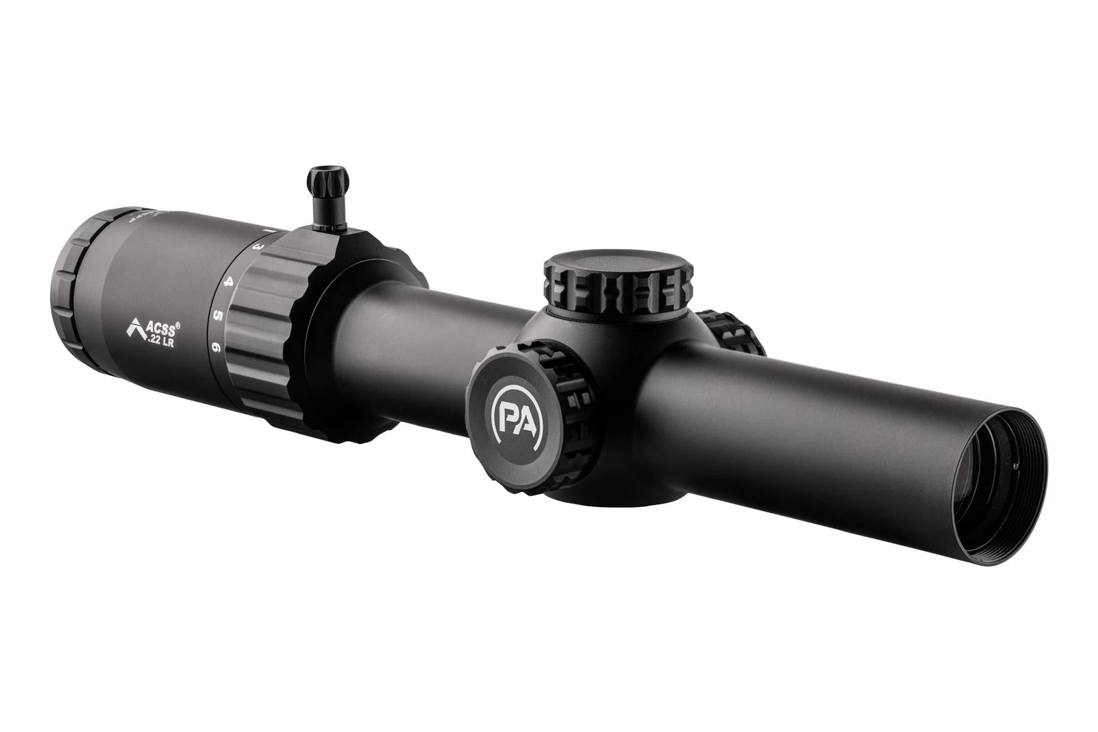 Primary Arms CLx 1-6x24 SFP LPVO on a white background, showing the integrated magnification lever and ACSS .22 LR marking on the ocular housing