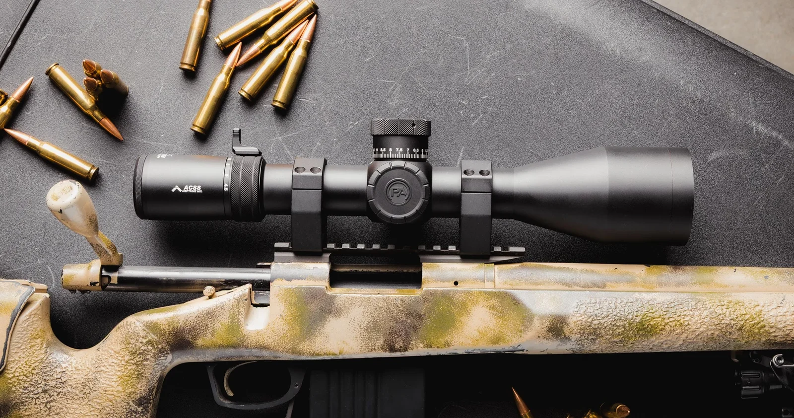 Primary Arms PLxC 4.5-36x56 scope mounted on a bolt-action rifle