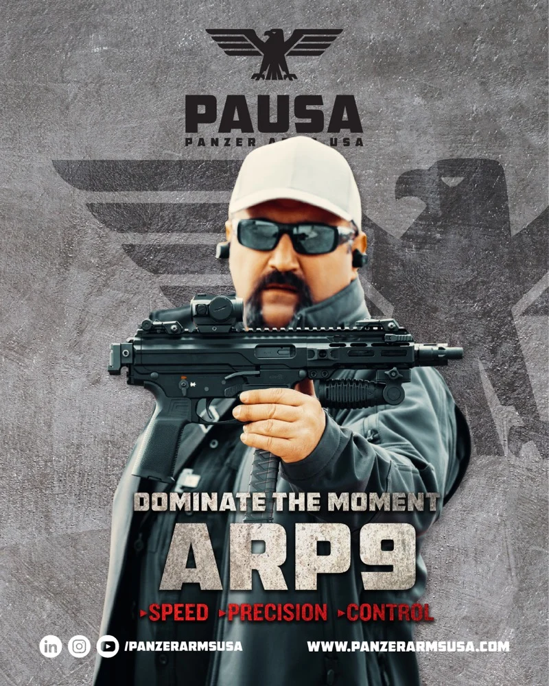 Panzer Arms USA ARP9 9mm pistol caliber carbine launch image with PAUSA branding