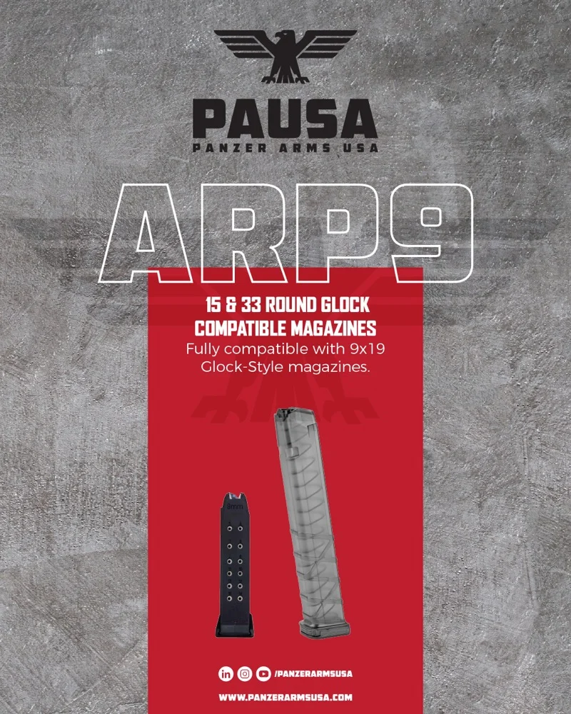 Panzer Arms USA ARP9 with 15-round and 33-round Glock-pattern 9x19mm magazines