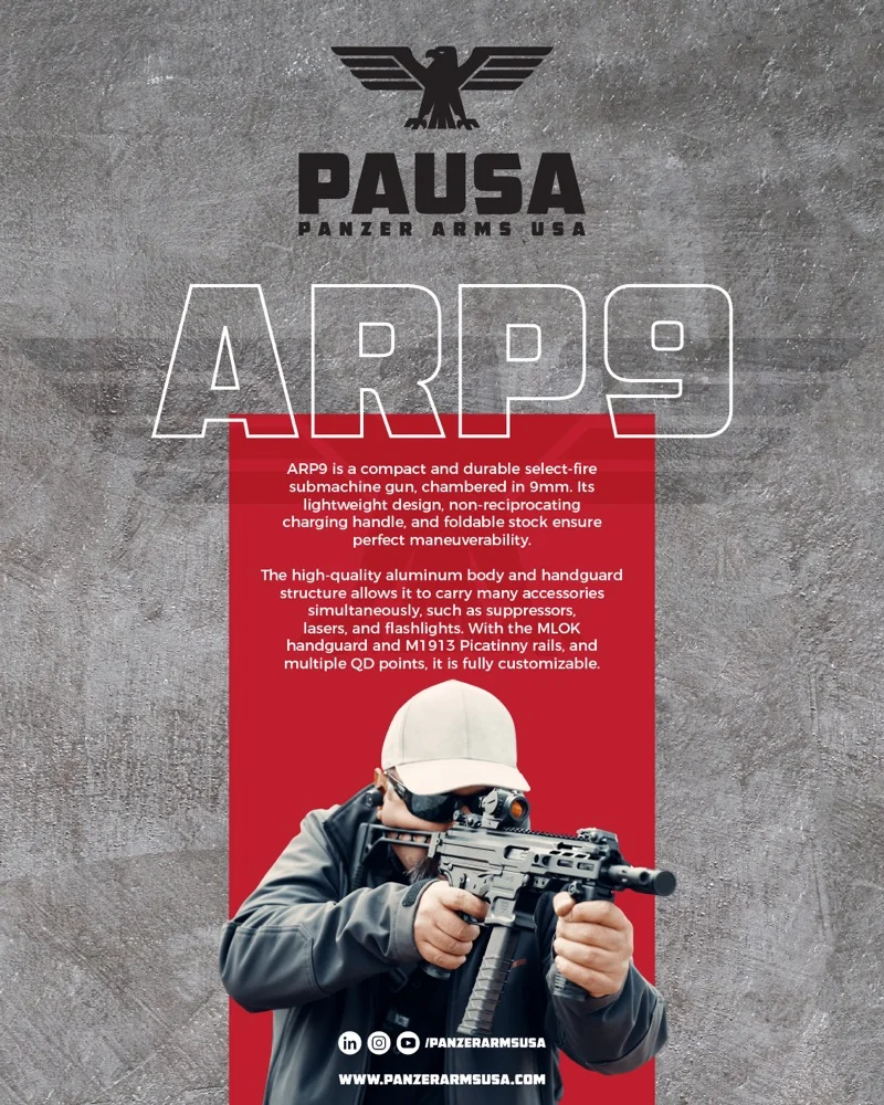 Panzer Arms USA ARP9 overview graphic with select-fire submachine gun specifications and shooter aiming the carbine