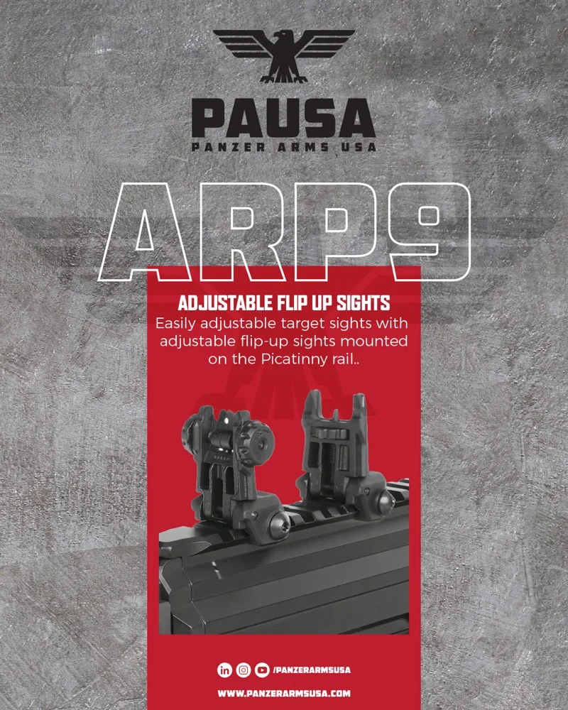 Panzer Arms USA ARP9 adjustable flip-up iron sights mounted on the Picatinny top rail