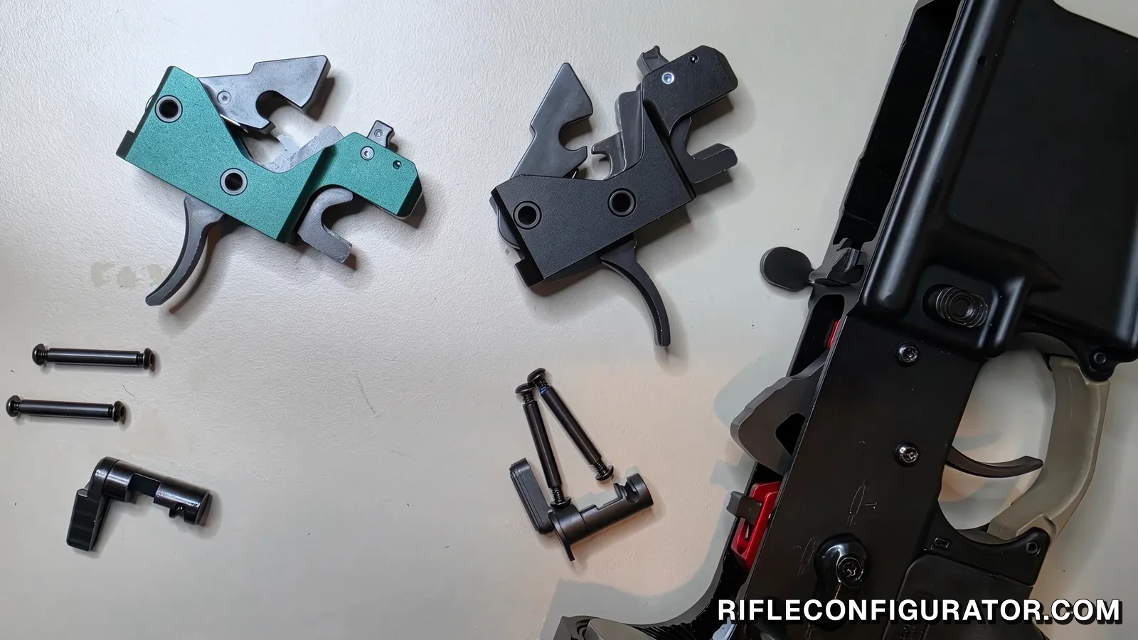 Two Triggered Company Disruptor forced reset trigger cassettes, one green and one black, laid out with their anti-walk pins and selectors next to an AR-15 lower receiver