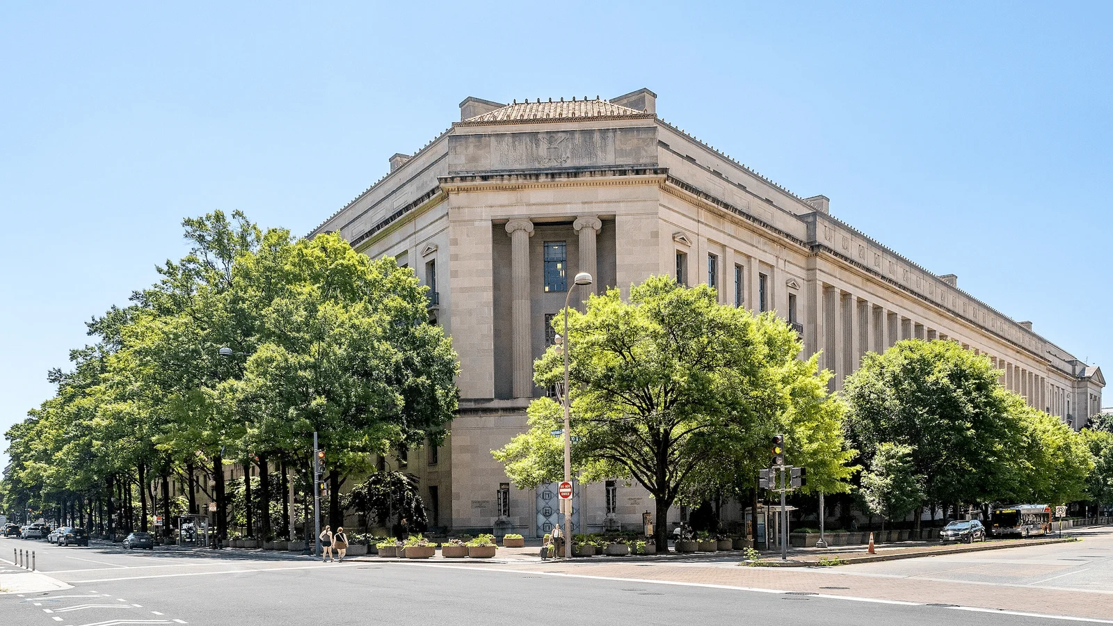 Robert F. Kennedy Department of Justice building on Pennsylvania Avenue in Washington, DC on a clear day