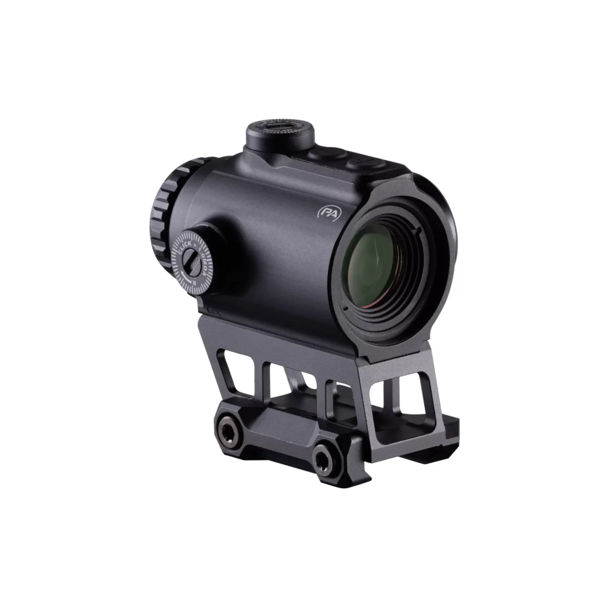 Primary Arms CLx 1x Prism Scope in black, mounted on a Picatinny riser against a plain white background