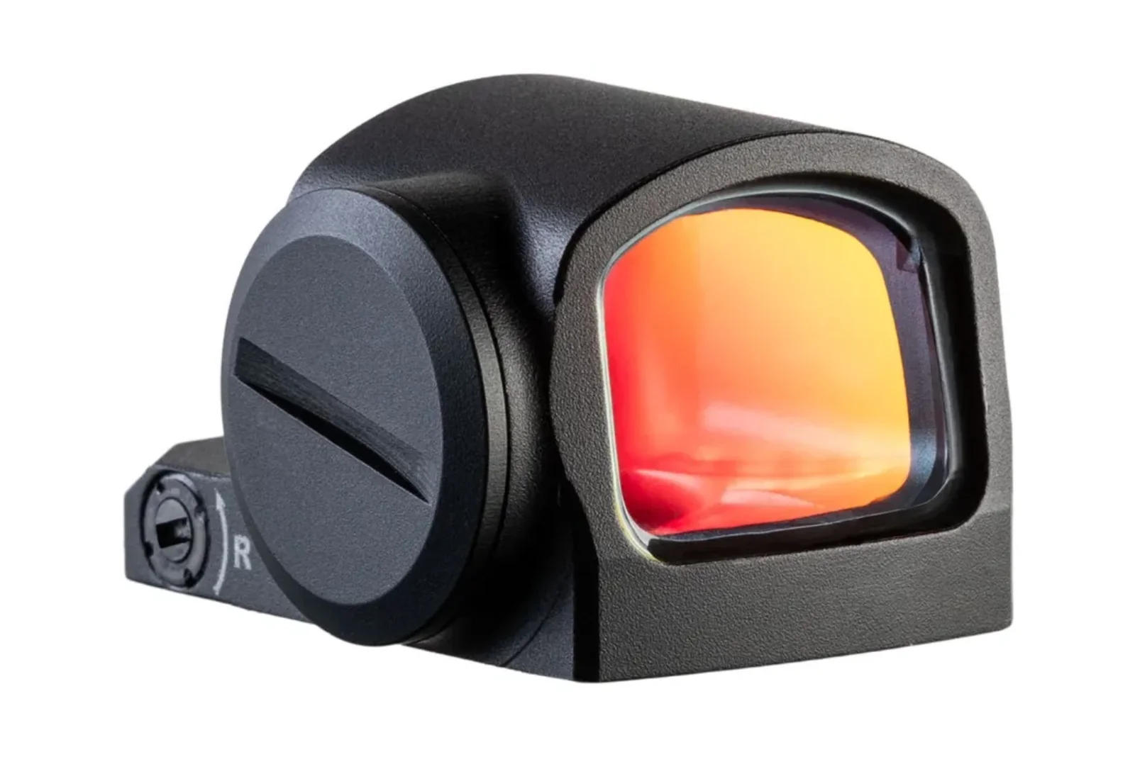 Primary Arms CLx Enclosed Reflex Sight with the 3 MOA red dot illuminated, three-quarter front view showing the RMSc-footprint base, side battery tray, and clamshell housing