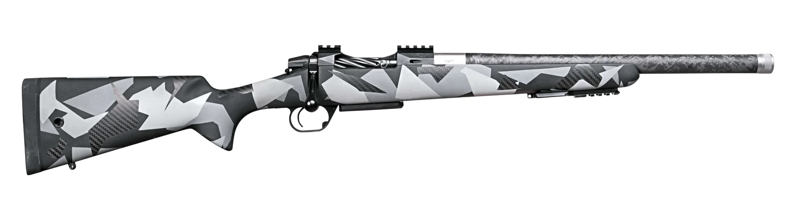 Custom bolt-action rifle equipped with a PROOF Research PXT carbon fiber wrapped barrel