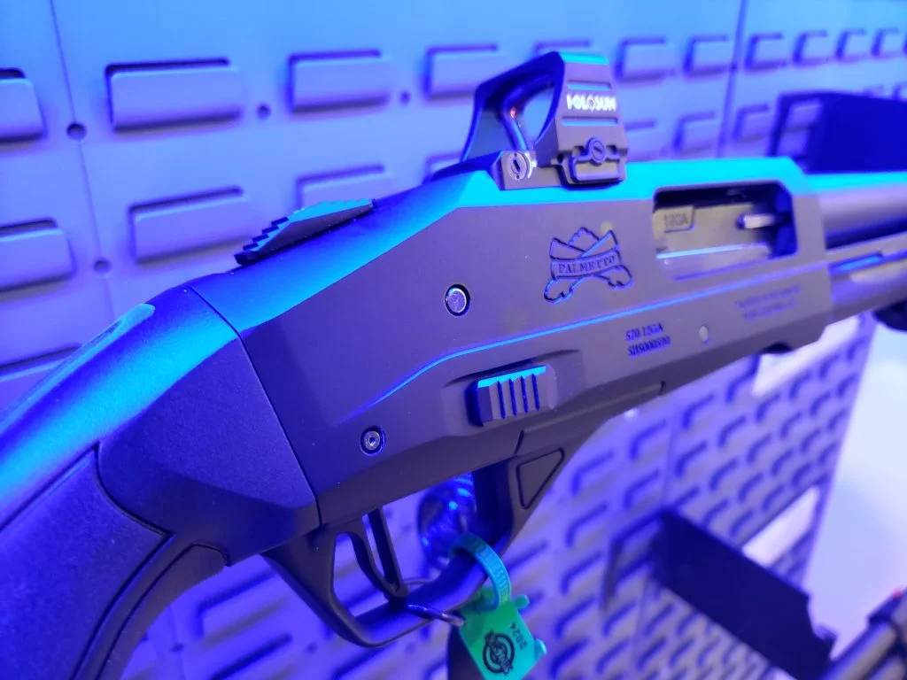 PSA 570 receiver close-up with a Holosun red dot mounted on the RMR-footprint optic cut, showing the engraved Palmetto logo and the side-mounted action release