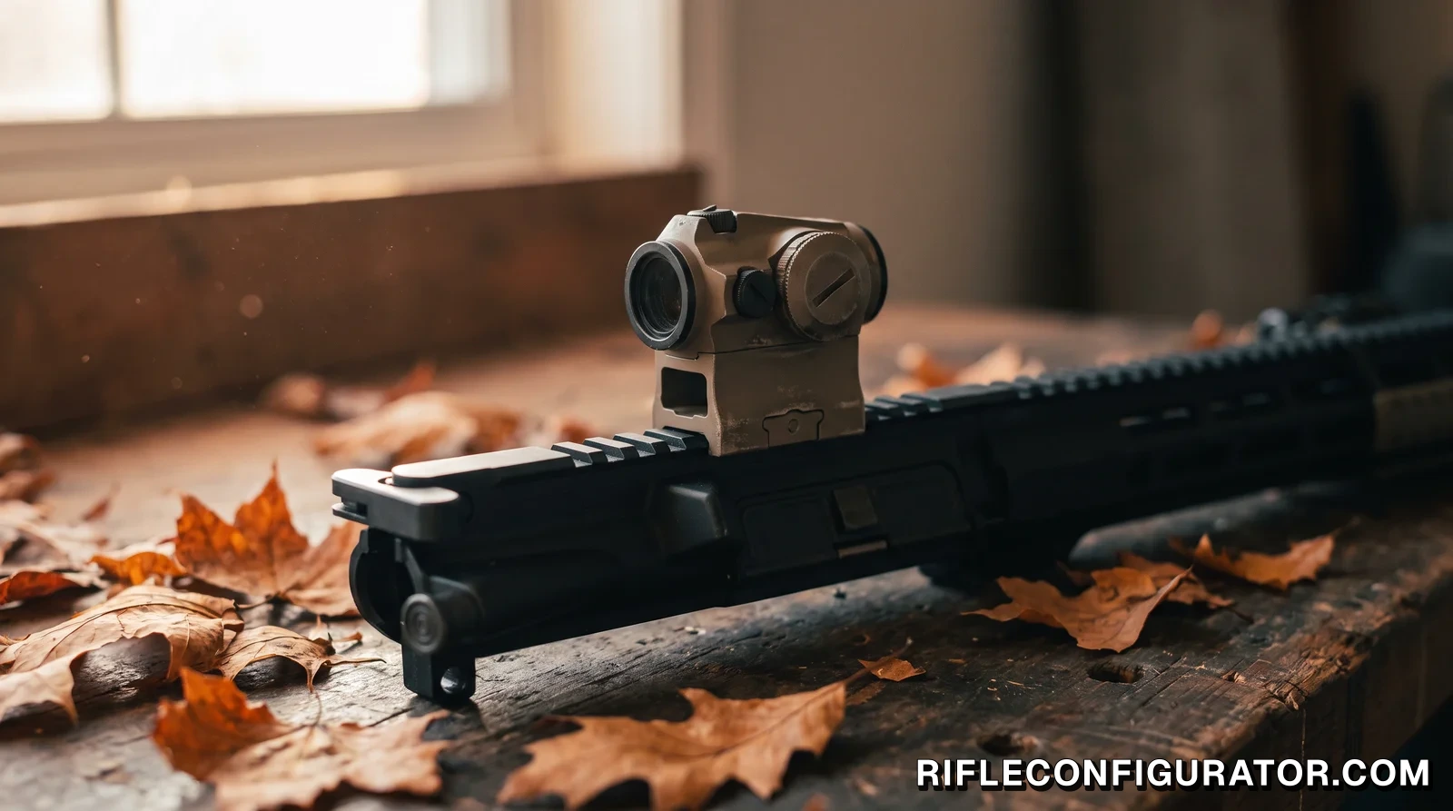 A flat dark earth tube red dot sight mounted on a black rifle upper receiver resting on a weathered workbench among dry autumn leaves, lit by window light