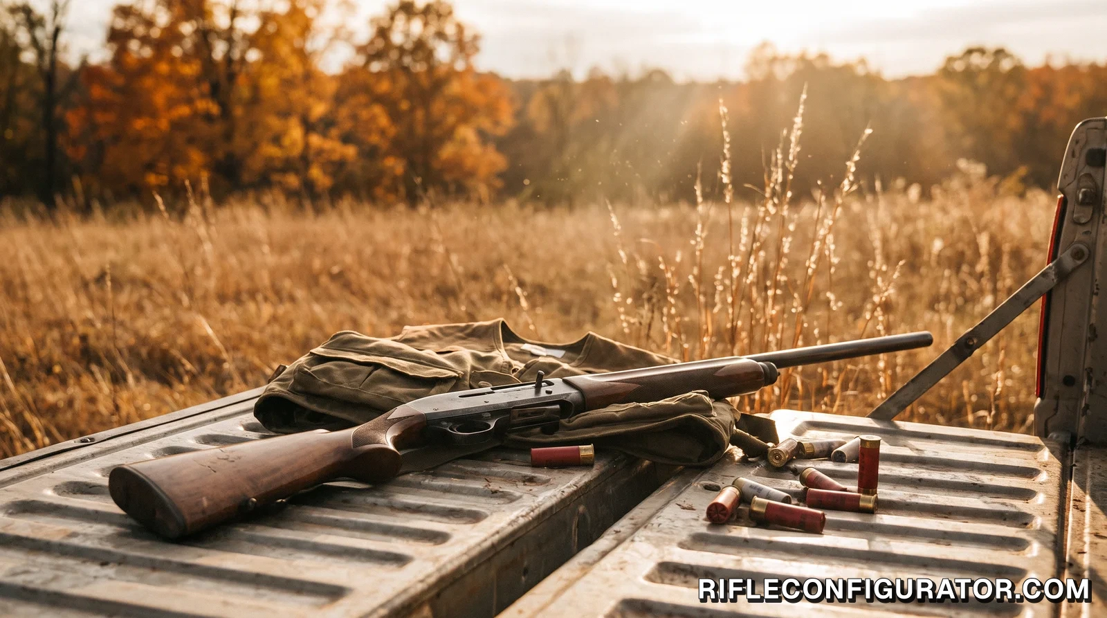 A walnut-stocked semi-automatic bird shotgun lying on a truck tailgate beside a canvas hunting vest and loose shotshells, with an autumn field and golden trees behind it