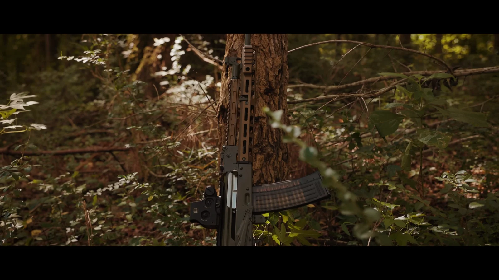 PSA Sabre 5.56 AK leaning against a tree with its Burnt Bronze handguard, railed gas tube, optic, and WBP magazine visible