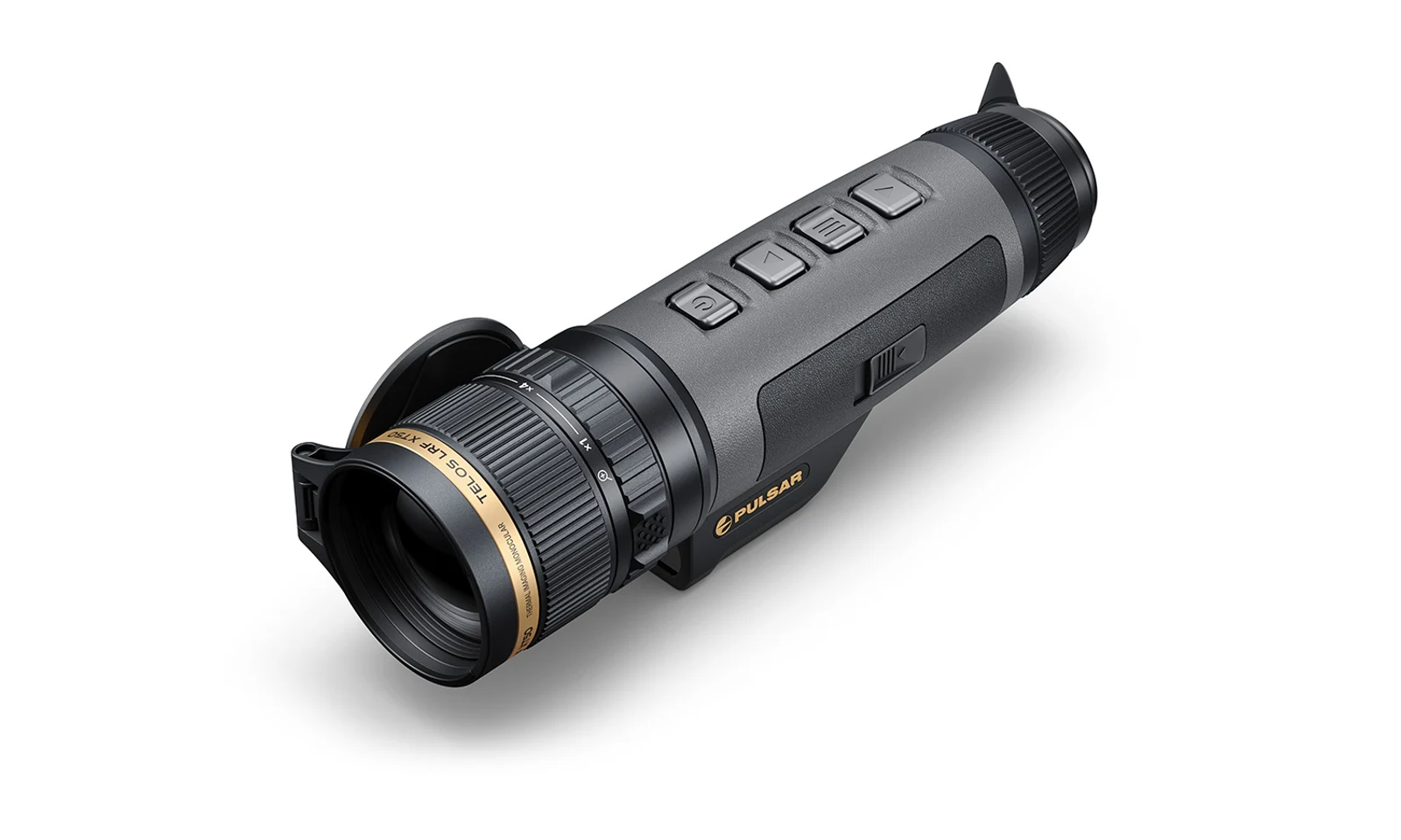 Pulsar TELOS LRF XT50 thermal monocular from above, showing the four top buttons, zoom ring, and gold TELOS LRF XT50 lens ring