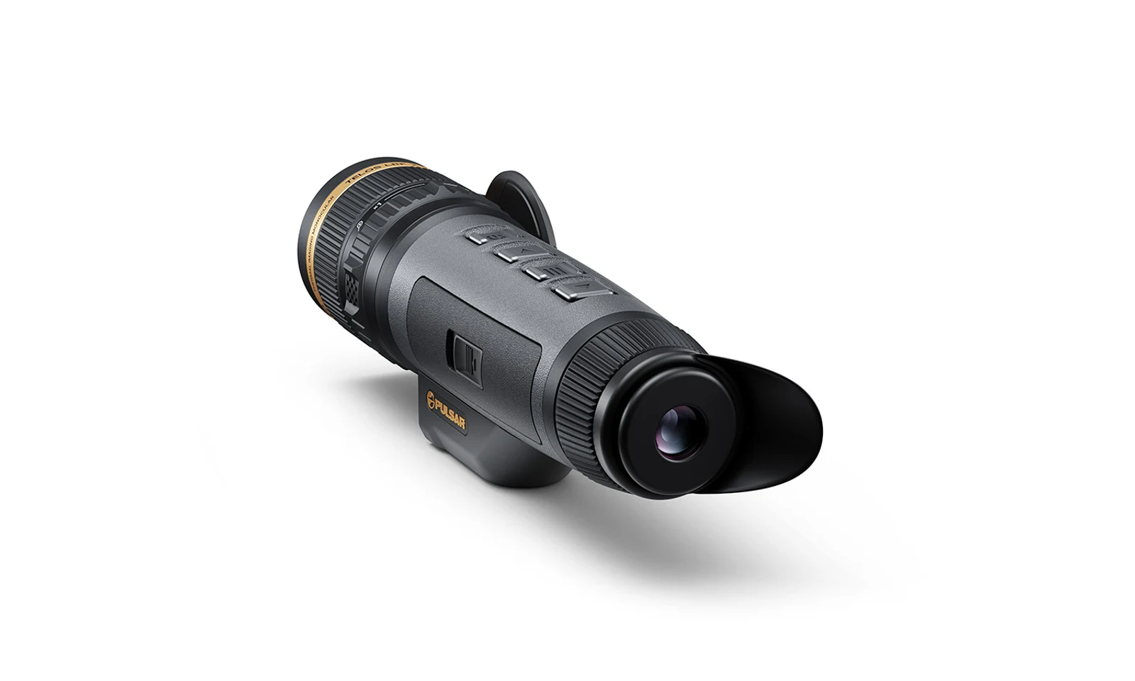 Pulsar TELOS LRF XT50 from the eyepiece end, showing the rubber eyecup, top buttons, and gold objective ring