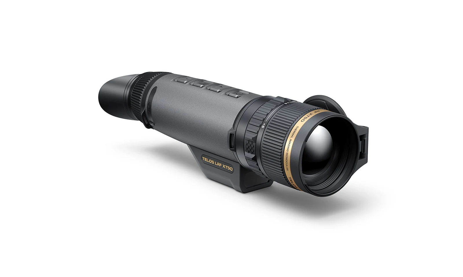 Pulsar TELOS LRF XT50 three-quarter view showing the low-profile laser rangefinder housing labeled TELOS LRF XT50