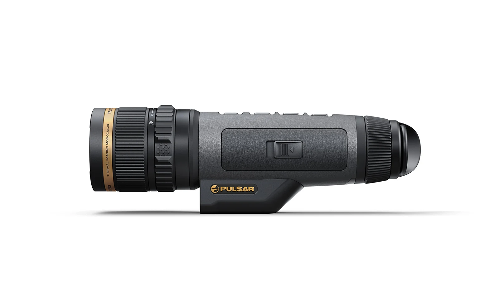 Pulsar TELOS LRF XT50 left-side profile showing the rubber-coated housing, side rocker, Pulsar logo, and laser rangefinder block