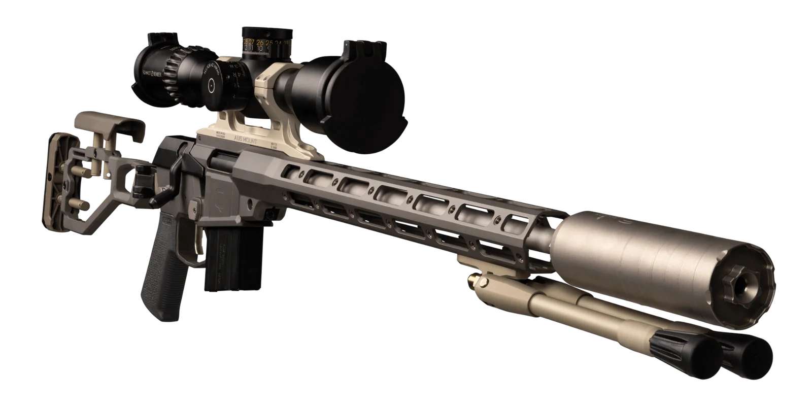 Q Mini Fix bolt action rifle in gray with scope and suppressor against dark background, showing compact overall profile