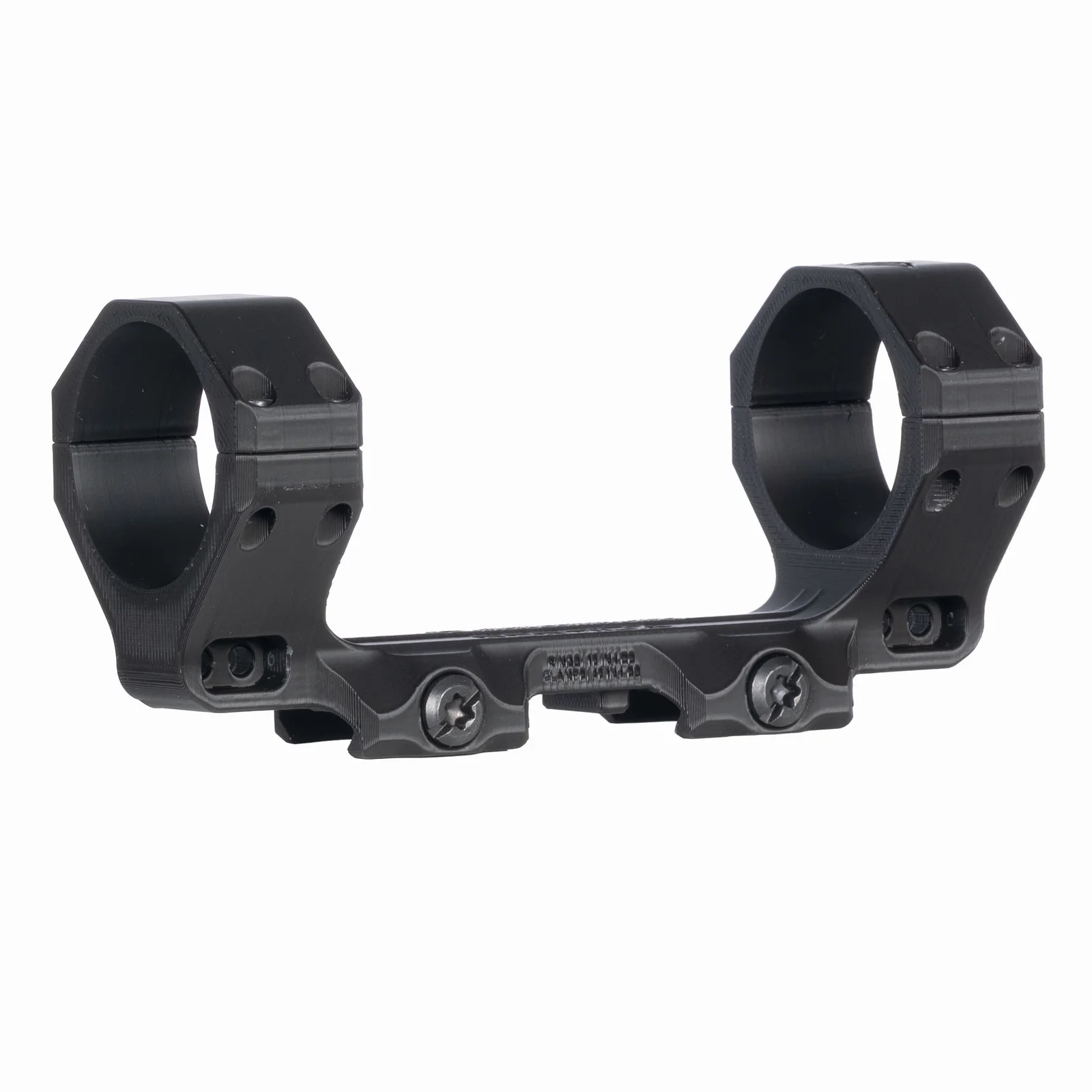 Reptilia AGS one-piece scope mount photographed alone on white, showing two symmetric rings joined by a low bridge with two large clamp screws along the base