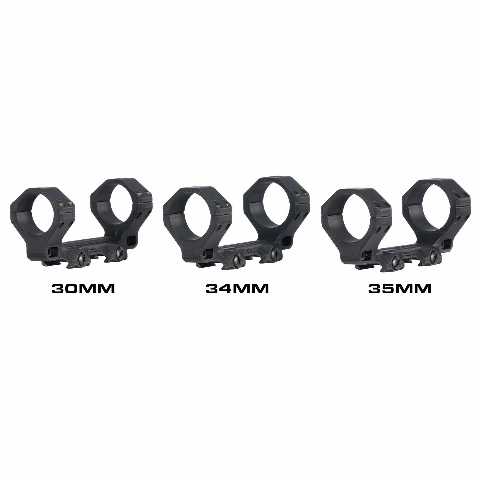 Three Reptilia AGS mounts side by side labeled 30MM, 34MM and 35MM, showing identical bodies with progressively larger ring diameters
