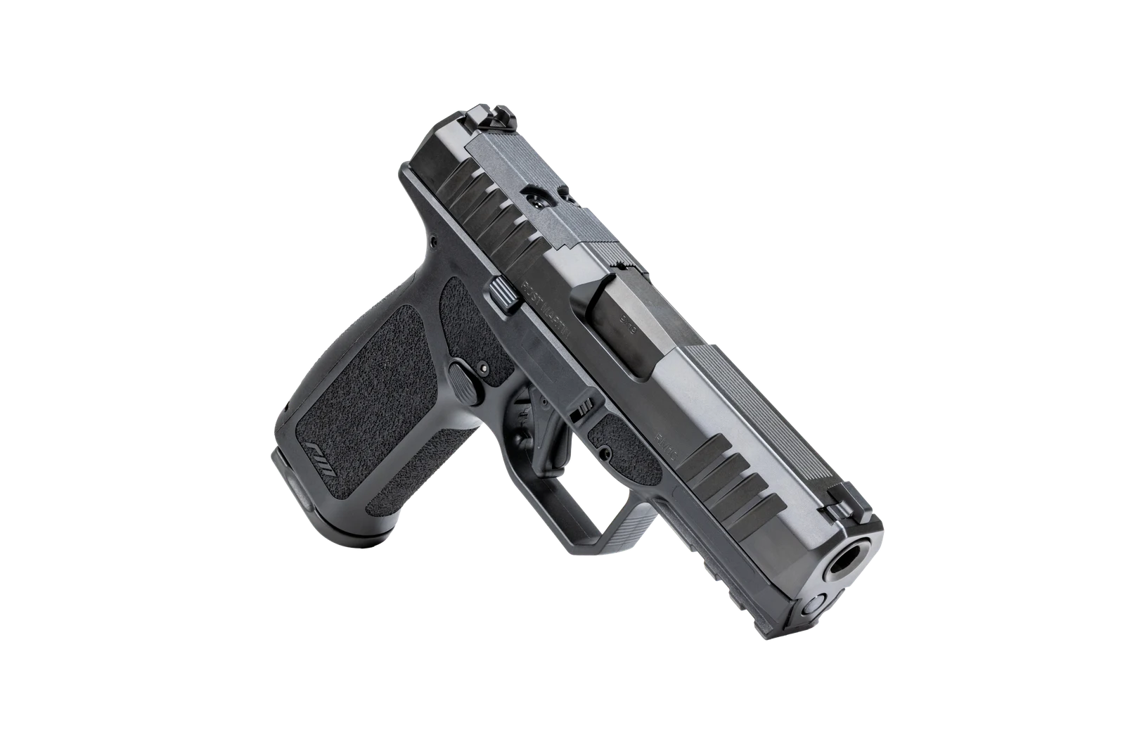 Rost Martin RM1CX 9mm pistol photographed at an angle from the right front, showing the accessory rail, trigger guard undercut, and stippled grip panel