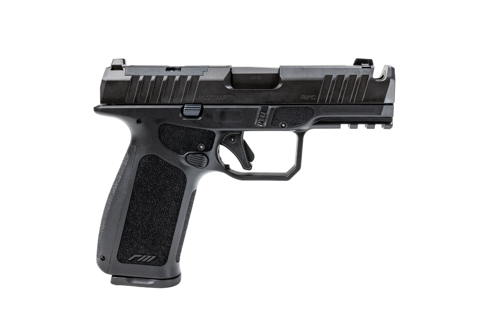 Rost Martin RM1CX Comp 9mm pistol in right profile, showing the port cut into the top of the slide behind the muzzle