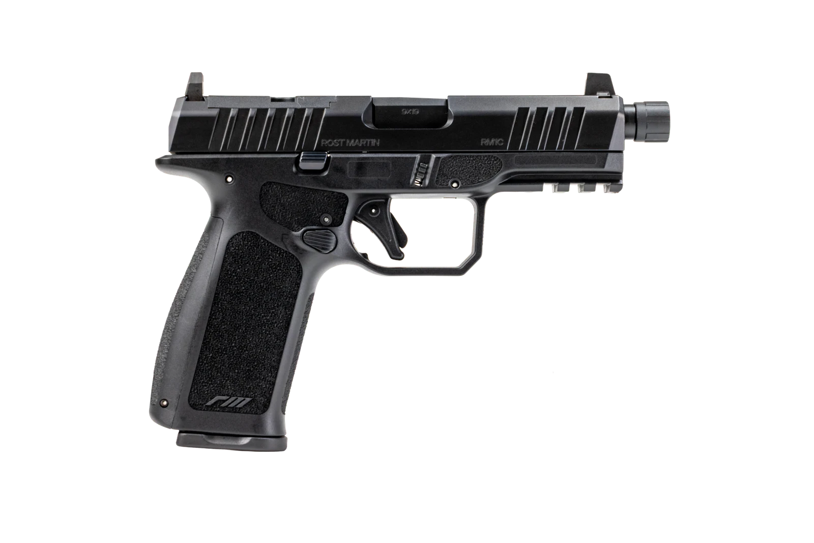 Rost Martin RM1CX Tactical 9mm pistol in left profile, showing a thread protector on the muzzle and tall sights standing above the slide