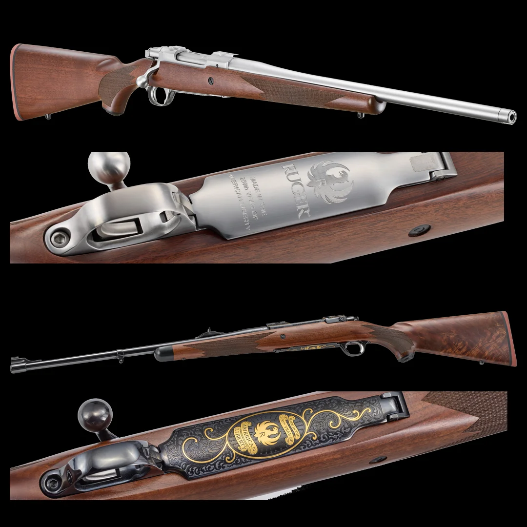 Ruger Hawkeye 250th Anniversary rifles showing both the polished blued .30-06 Springfield and the satin stainless threaded variants with engraved floorplates
