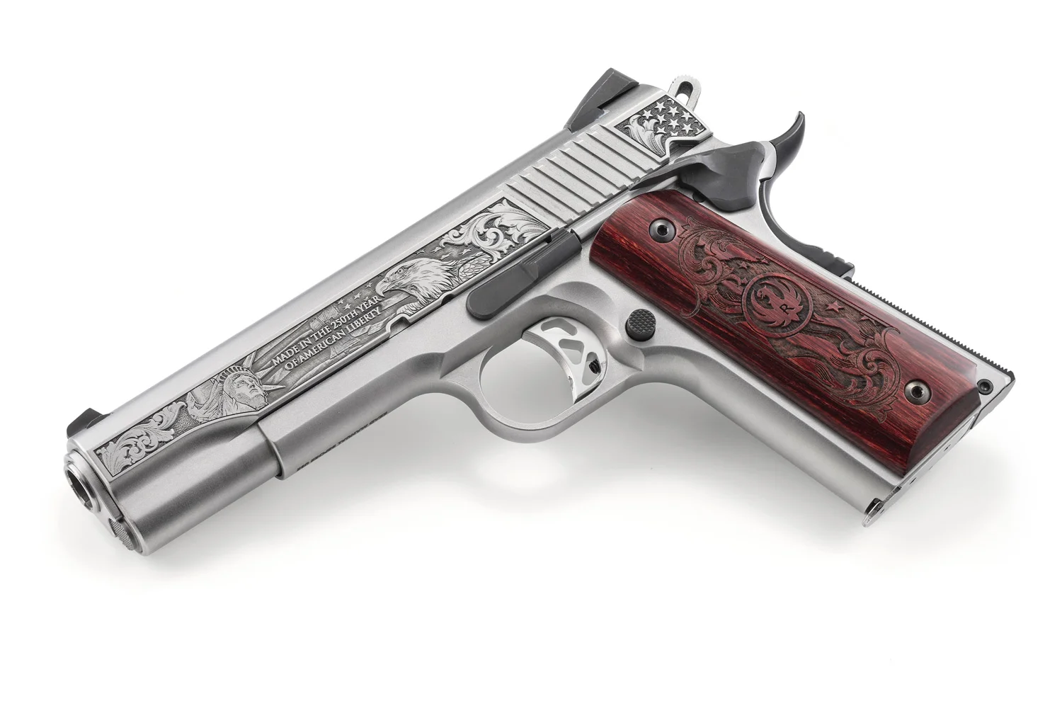 Ruger SR1911 250th Anniversary edition pistol with engraved slide reading Made in the 250th Year of American Liberty and matching scrollwork grip panels