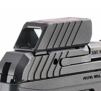 Front view of the Ruger ReadyDot optic mounted on the LCP MAX slide, showing the open emitter window and the 380 Auto slide engraving