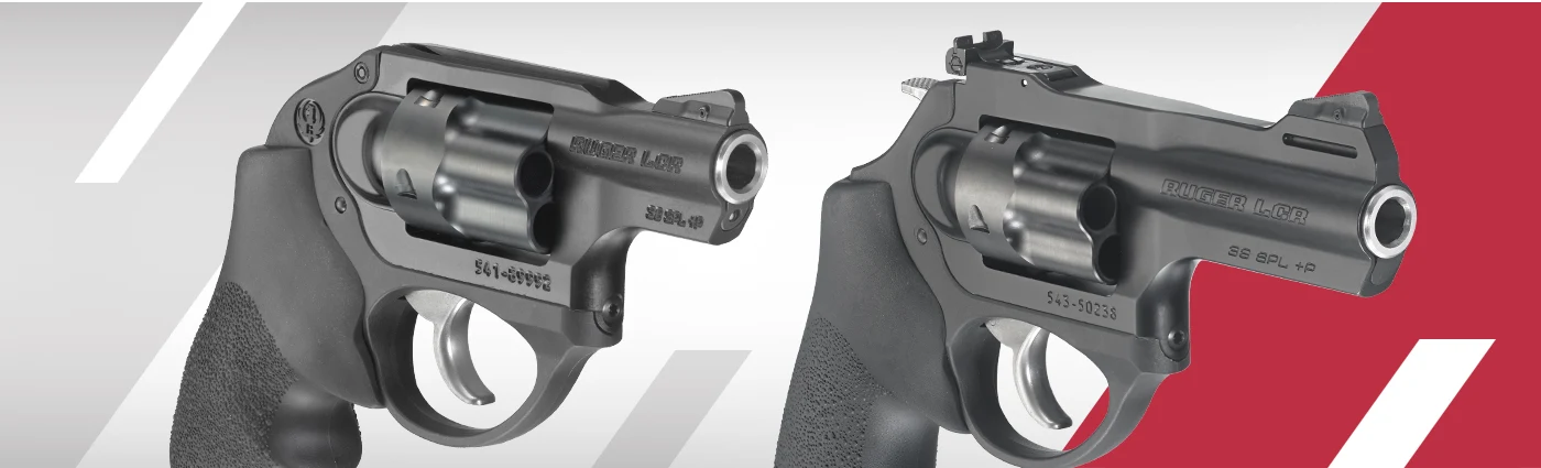 Two black Ruger LCR double-action revolvers in .38 Special +P, one with a fixed rear sight and one with an adjustable rear sight