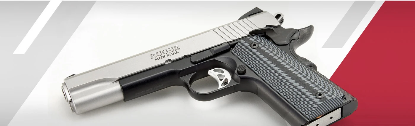 Ruger SR1911 pistol with a stainless slide, black frame, gray G10 grips and a skeletonized aluminum trigger