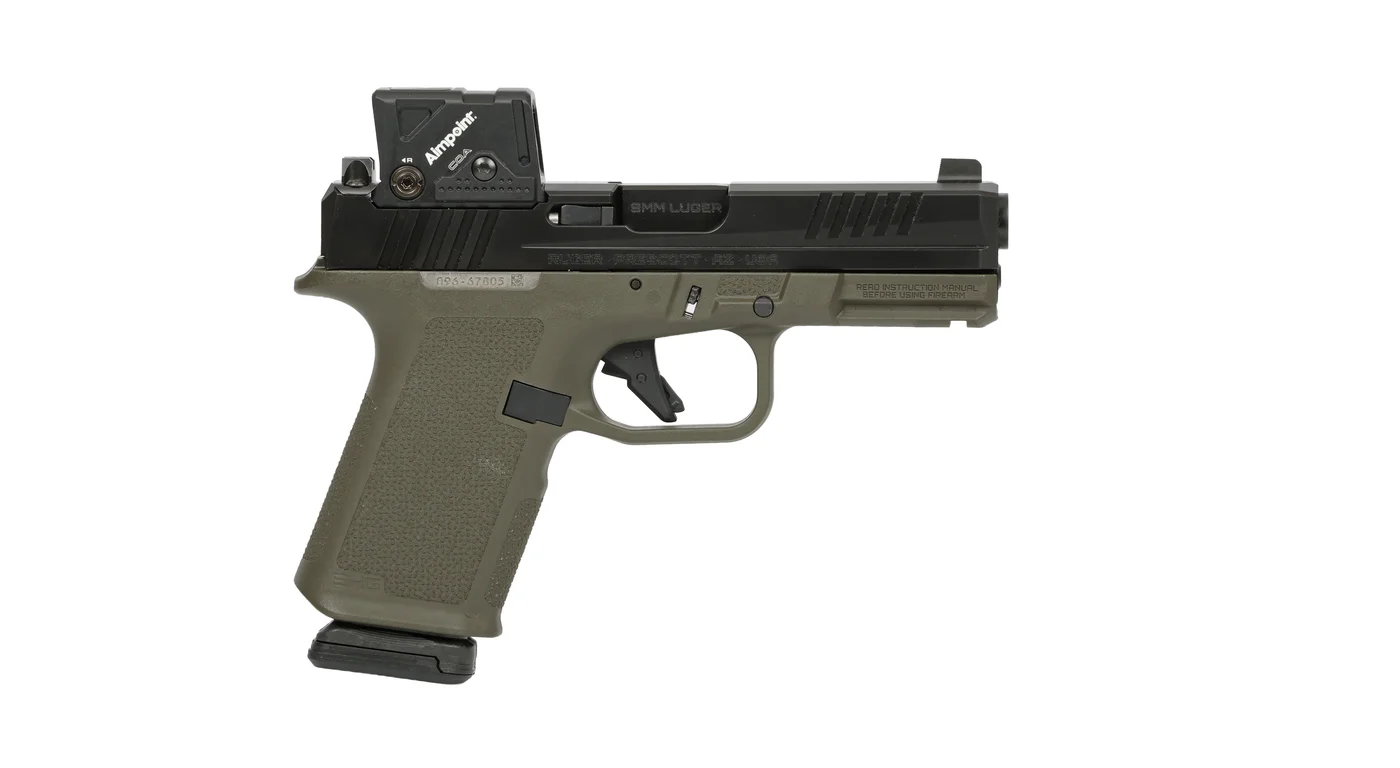 Ruger RXM COA Edition pistol with Aimpoint COA red dot mounted, showing the compact profile and frame texture