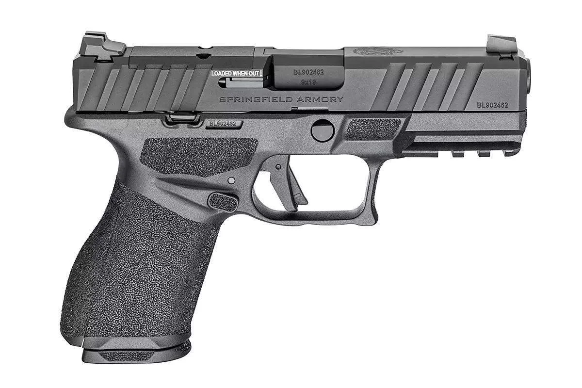 Right-side profile of the Springfield Echelon Alpha 4.0C showing the recontoured slide, ejection port, and Adaptive Grip Texture frame