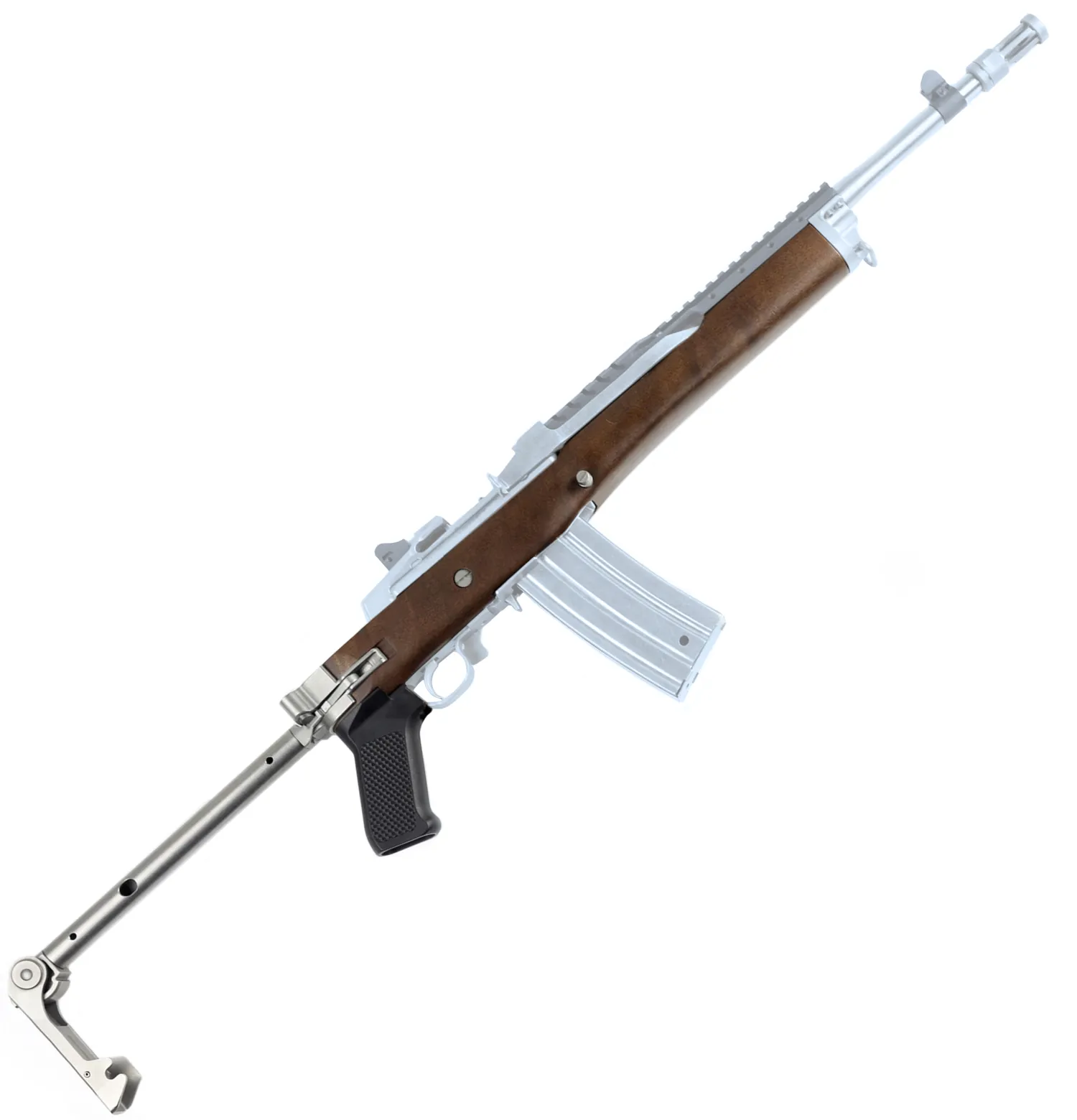 Samson A-TM folding stock in walnut with a steel folding arm, shown in black over a ghosted Ruger Mini-14 rifle