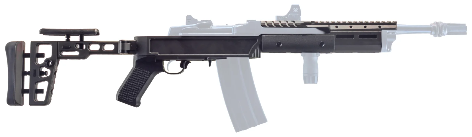 Samson SAS-14 chassis rendered in black over a ghosted Ruger Mini-14, showing which parts of the rifle the aluminum chassis, M-LOK forend, and SAS-K stock replace