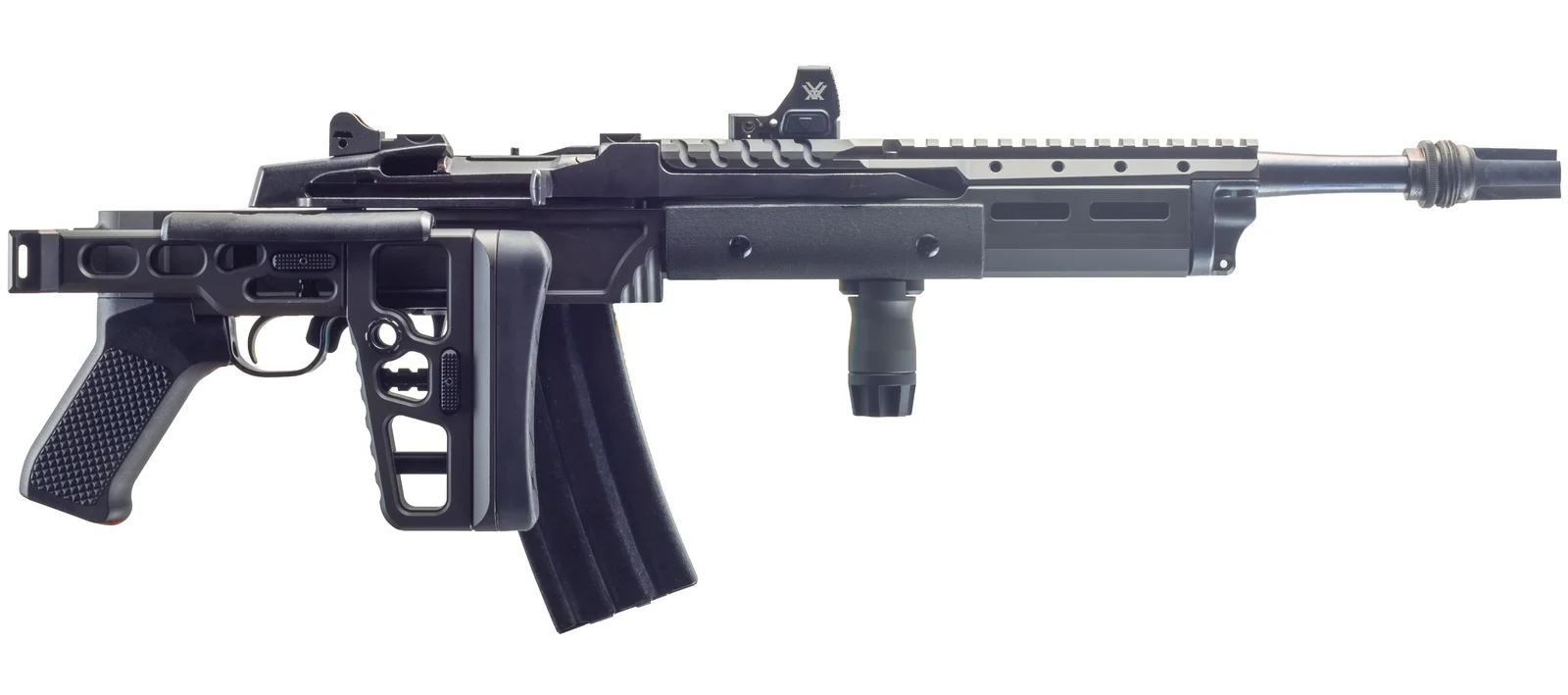 Ruger Mini-14 in the Samson SAS-14 chassis with the SAS-K stock folded alongside the receiver, showing the M-LOK forend and hard-anodized black finish