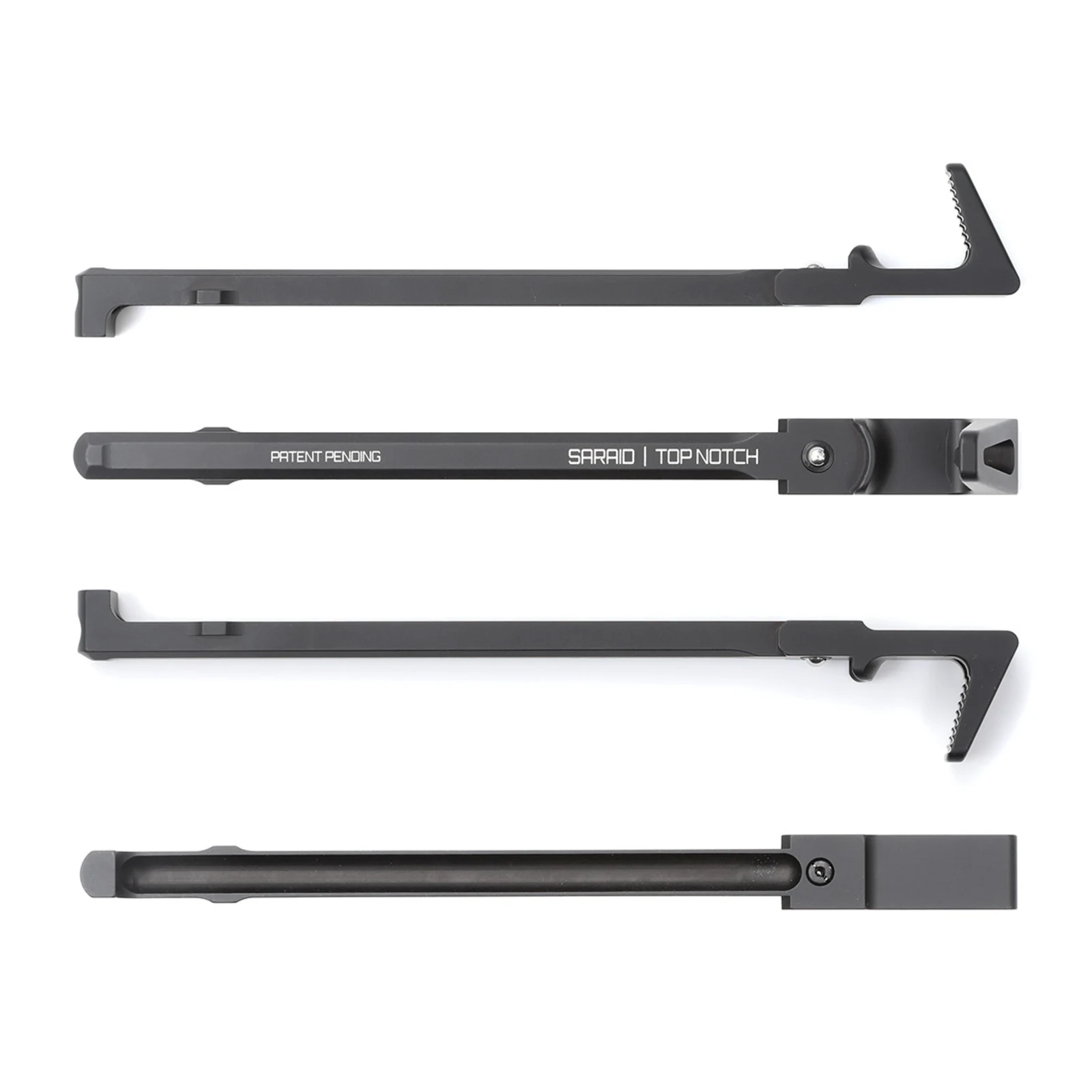Four orthographic views of the Saraid Top Notch AR-15 charging handle showing the top, both side profiles, and the underside, with the vertical grip and spring-ball detent visible
