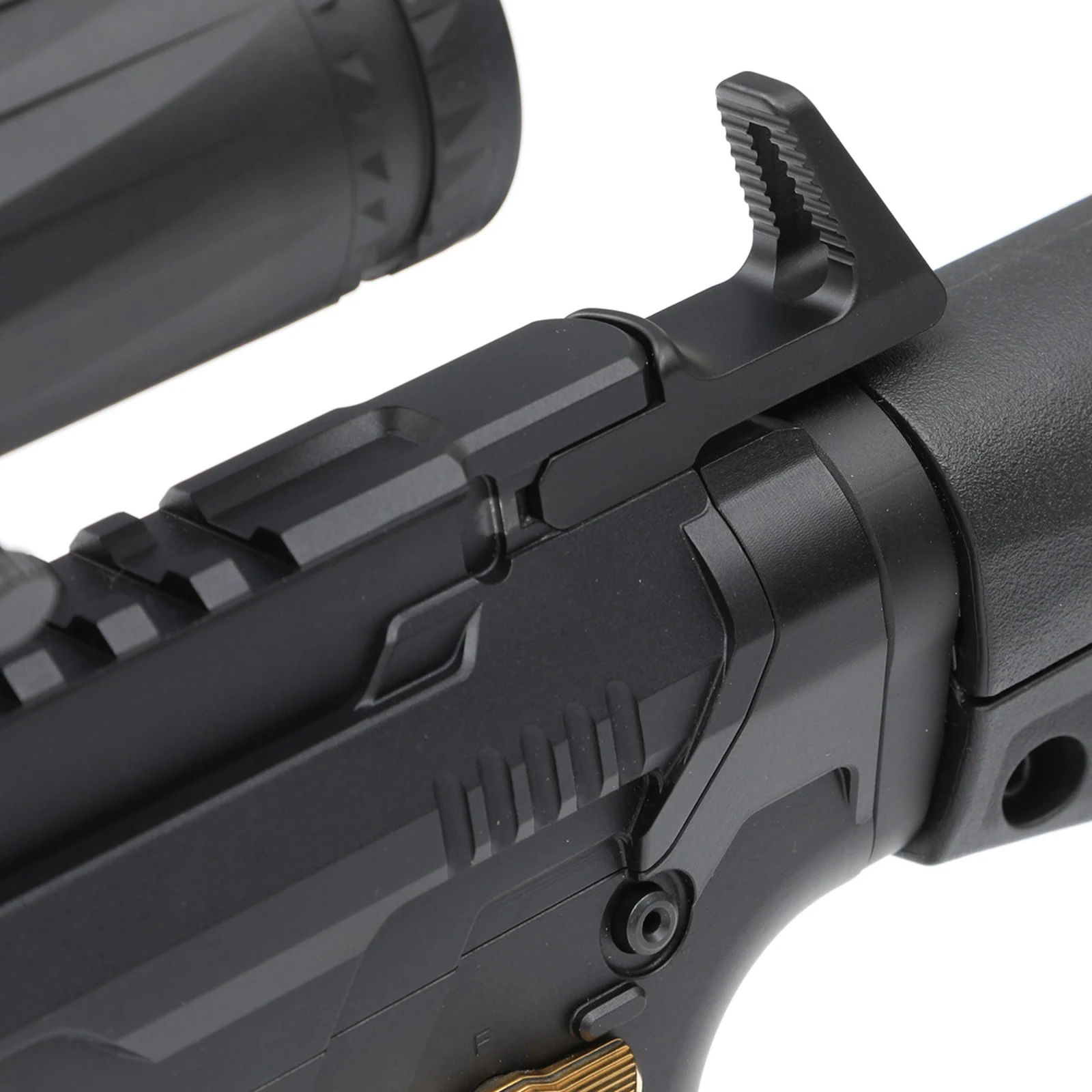 Close-up of the Saraid Top Notch installed on an AR-15 upper receiver, the vertical grip standing above the receiver behind a mounted optic
