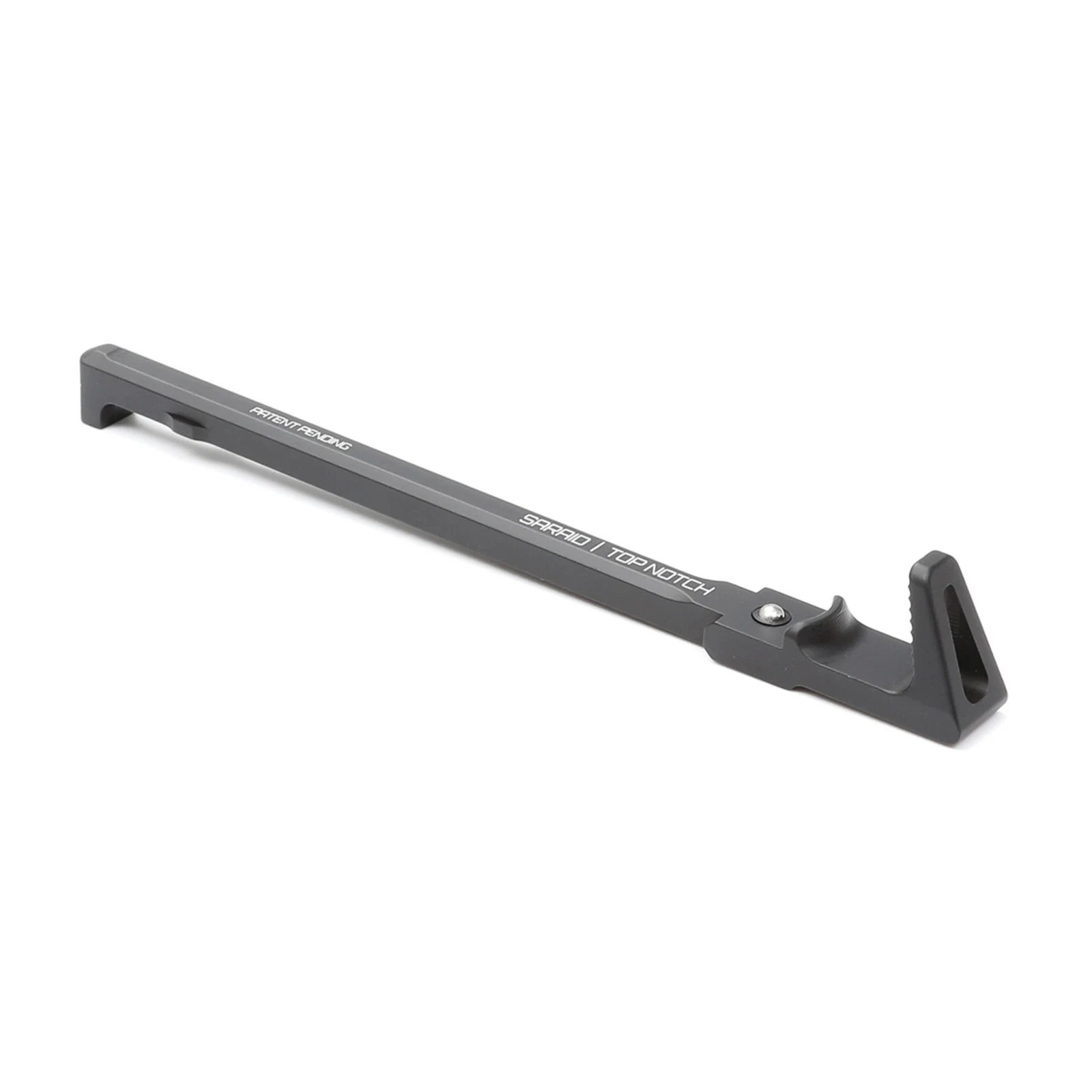 Three-quarter studio view of the Saraid Top Notch charging handle showing the SARAID TOP NOTCH and PATENT PENDING engraving along the shaft and the textured vertical grip