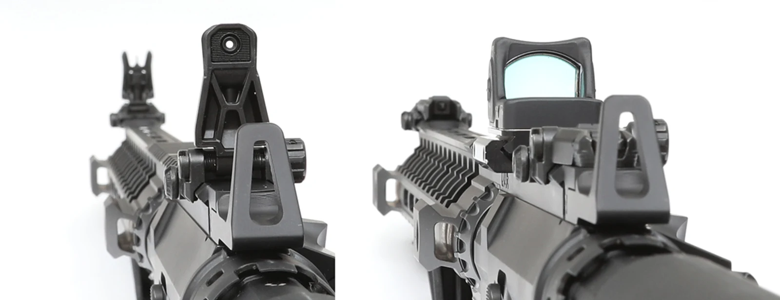 Two shooter's-eye views down an AR-15 fitted with the Saraid Top Notch, the left panel showing backup iron sights and the right panel showing a low-mounted micro red dot, with the vertical grip sitting below the sight line in both