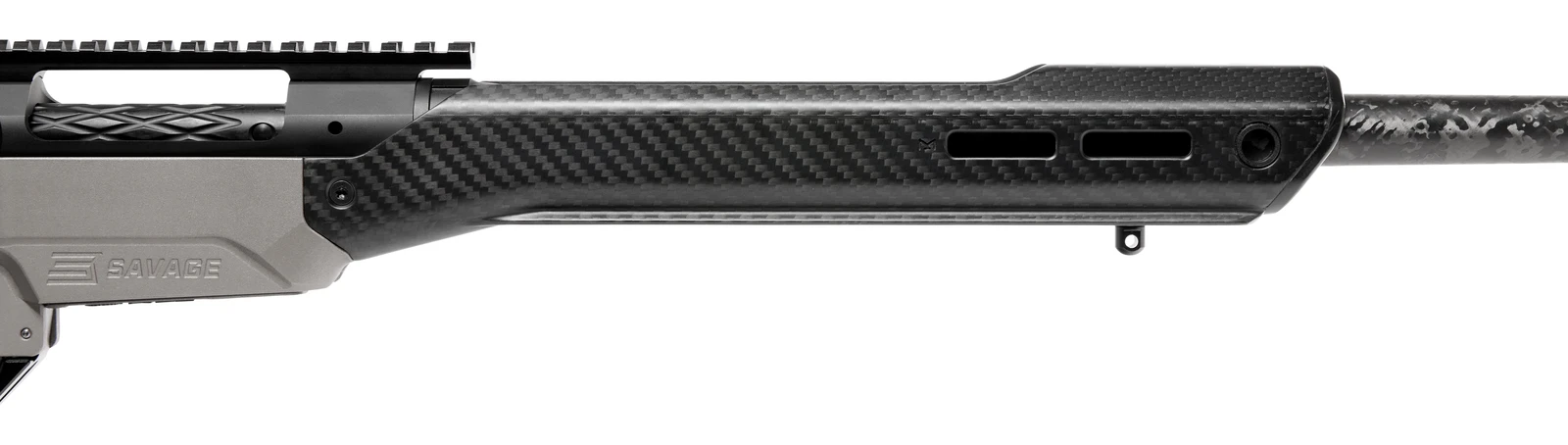 Close view of the Savage 110 Ultralite Elite V2 carbon fiber forend with M-Lok slots, magnesium chassis center section, and PROOF Research carbon-wrapped barrel