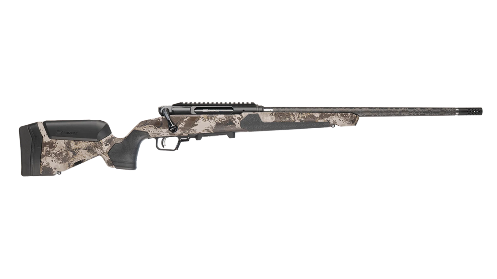 Savage Impulse Ultralite Pro right side profile in Western camo showing the straight-pull bolt handle, carbon fiber barrel, and integral 20 MOA rail