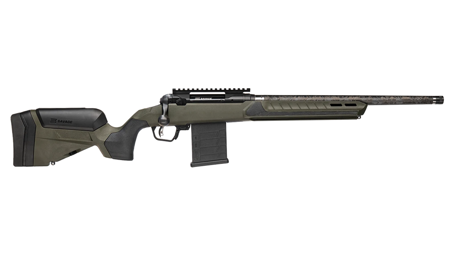 Savage 110 Ultralite Predator right side profile with hunter green stock, skeletonized receiver, beavertail M-Lok forend, and 10-round AICS magazine